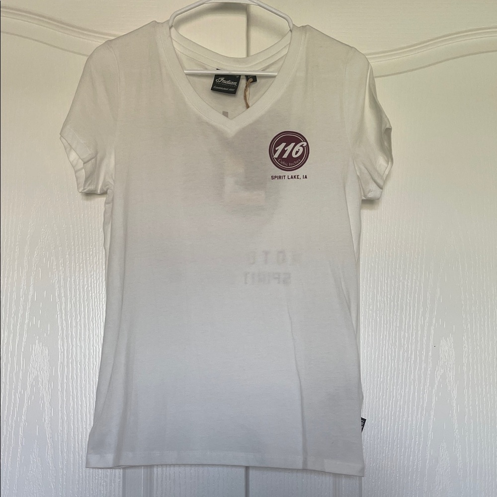 Indian Motorcycle White V-Neck Tee with 116 Cu Inches Spirit Lake Logo
